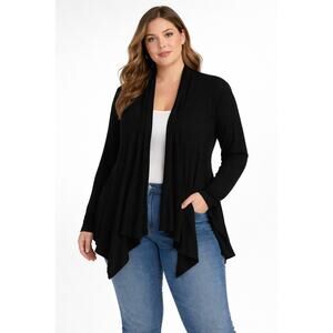 Black Ribbed Waterfall Cardigan Womens Size L Open Front Long Sleeve